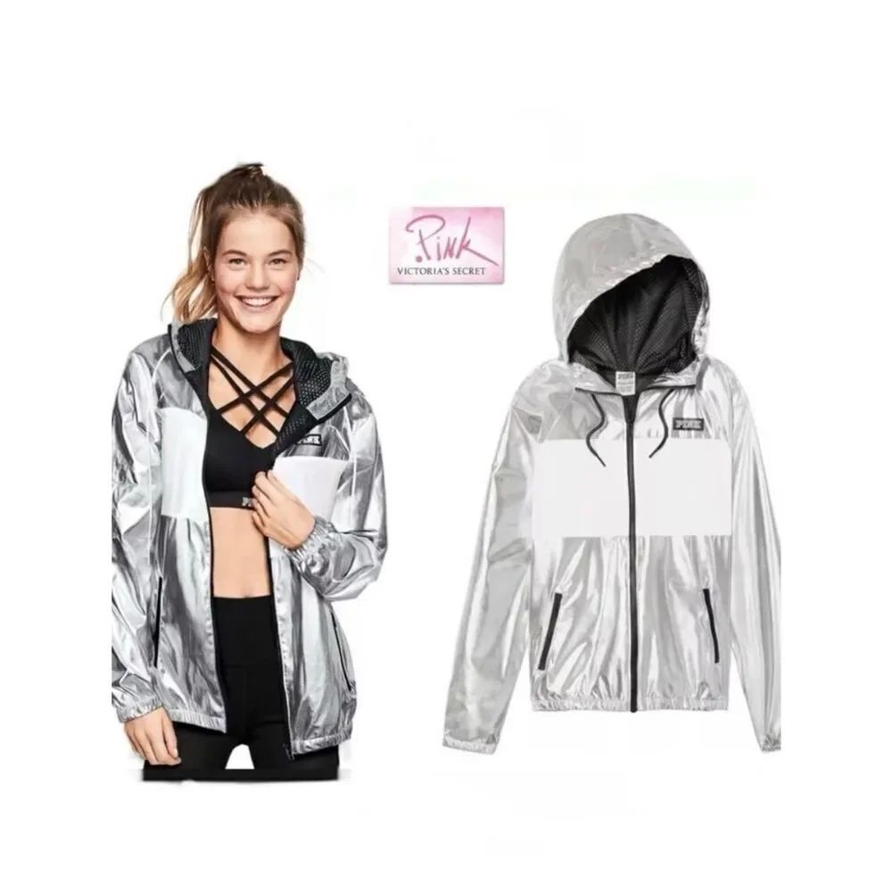 NWT Sz M/L Victoria's Secret Pink Full Zip Hoodie Anorak Jacket Silver White New